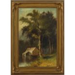 JULIE HART BEERS (American, 1835-1913) cabin by forest pond
sgn. l.r. Julie H Beers, o/b, 11.25 by