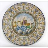 LARGE 19TH C. ITALIAN MAJOLICA CHARGER four Roman classical figures on cloud, 20”diam.