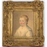 ENGLISH, 19th c. portrait of girl with rosy cheeks 
unsigned, watercolor, 7.5 by 6.25 in., gilt