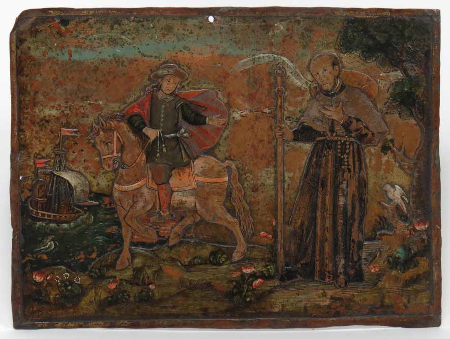 ITALIAN, 18th c. or earlier landscape with St. Francis, nobleman on horse, ship off coast
sgn. l.