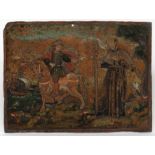 ITALIAN, 18th c. or earlier landscape with St. Francis, nobleman on horse, ship off coast
sgn. l.