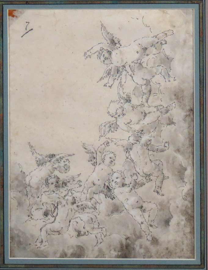 (2) ITALIAN OLD MASTER DRAWINGS 17/18th c., a noble horseman approaching large buck on stone bridge, - Image 2 of 3