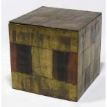 PAUL EVANS CUBE STUDIO END TABLE mid 20th c., patchwork-metal, embossed P. E. , 18”h; 18”sq