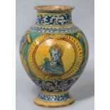 ITALIAN RENAISSANCE MAIOLICA PORTRAIT VASE footed bulbous-form, reserve with portrait of classical