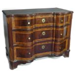 ITALIAN ROCOCO INLAID MAHOGANY AND SATINWOOD COMMODE 18th c., bold serpentine front, three drawers
