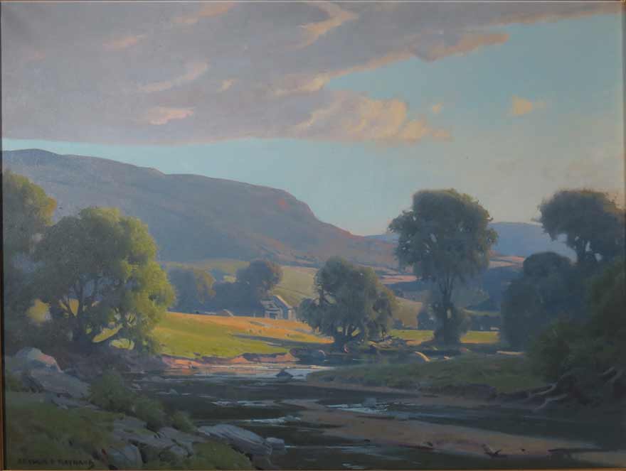 ARTHUR F. MAYNARD (American, 1920-1991) overview of valley farm and river, mountains in distance