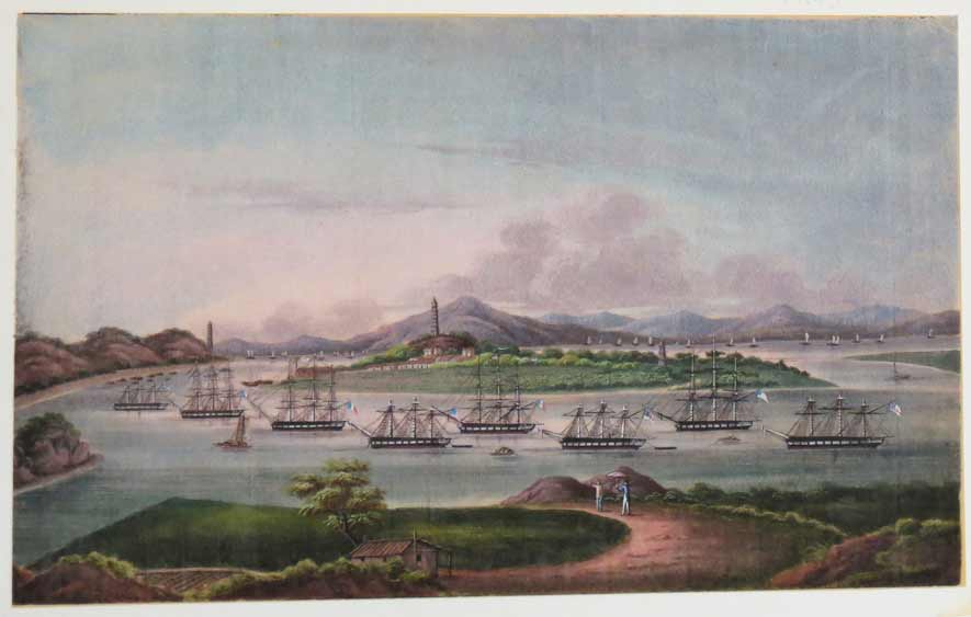 PAIR OF CHINA TRADE WATERCOLORS c. 1840, view of the Hongs at Canton; the other,  Harbor at Whampoa - Image 2 of 3