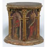 ITALIAN RENAISSANCE CARVED AND POLYCHROMED PEDESTAL six painted panels of saints in alternating