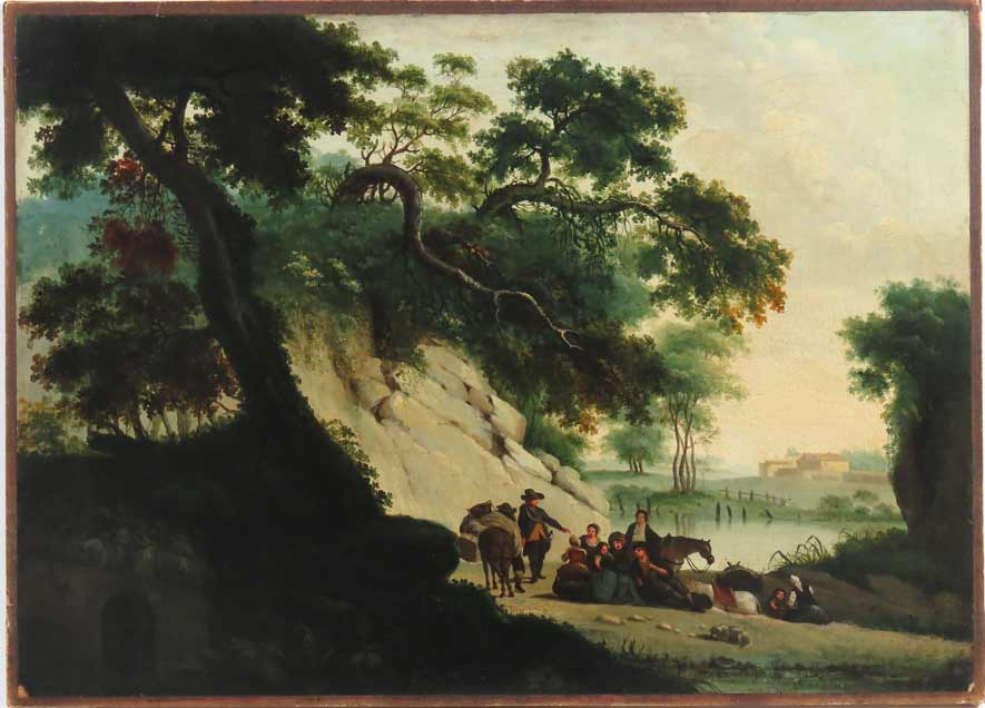 CONTINENTAL, 17/18th c. landscape with several travelers
unsigned, o/c (old reline), 17 by 24 in.,