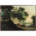 CONTINENTAL, 17/18th c. landscape with several travelers
unsigned, o/c (old reline), 17 by 24 in.,