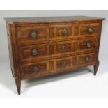 ITALIAN NEOCLASSICAL INLAID COMMODE three drawers, tapering legs, 35”h; top 51”w; 21.5”d