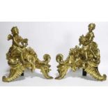 PAIR OF FRENCH FIGURAL GILT BRONZE CHENETS 19th c., one a cherub holding wreath, the other a girl