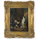 DUTCH, 18/19th c.  vendor selling rooster to a lady
unsigned, o/tin, 8 by 6 in., gilt frame, under