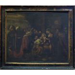 ITALIAN, 18th c.  Adoration of the Magi
o/c, 41 by 50.5 in., original painted frame
writing on