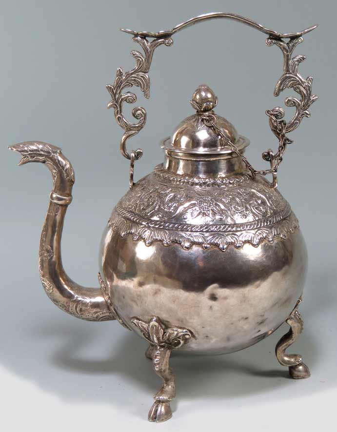 SPANISH COLONIAL SILVER WATER KETTLE (TETERA) Colombia, c. 1800,  bulbous body with animal head