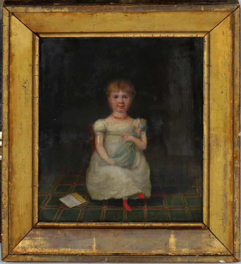 AMERICAN PRIMITIVE, early 19th c. seated girl holding doll
oil on tin, 8.5 by 7.5 in., prob.