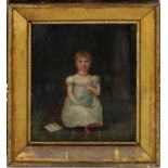 AMERICAN PRIMITIVE, early 19th c. seated girl holding doll
oil on tin, 8.5 by 7.5 in., prob.