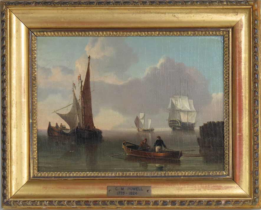 CHARLES MARTIN POWELL (English, 1775-1824) harbor with galleon, sail boats and fishermen in a - Image 2 of 5