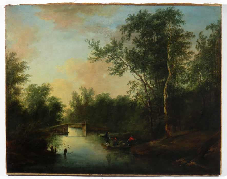 ITALIAN, 18/19th c.  figures in boats at riverbank 
sgn. illegible l.l., o/c (old reline), 25 by