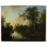 ITALIAN, 18/19th c.  figures in boats at riverbank 
sgn. illegible l.l., o/c (old reline), 25 by