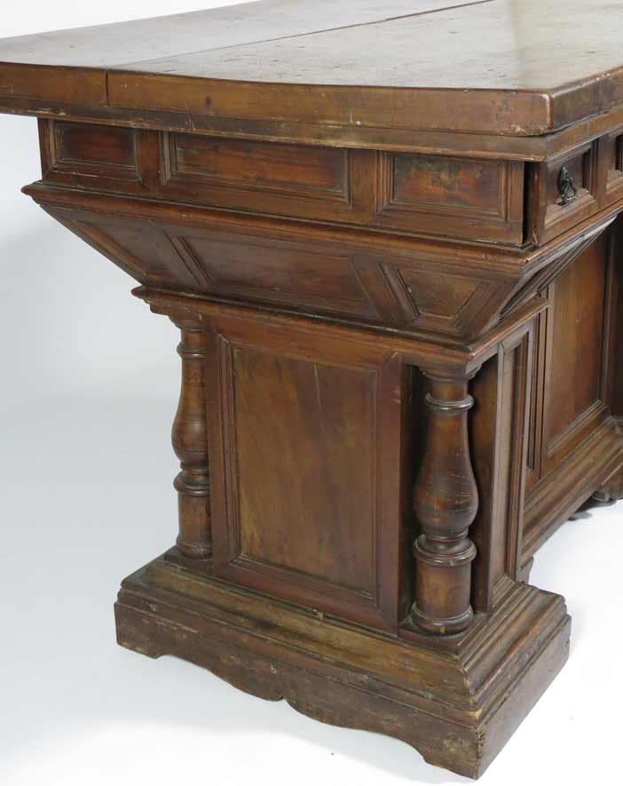 ITALIAN BAROQUE WALNUT LIBRARY TABLE old surface, thick rectangular top, one side with three drawers - Image 2 of 7