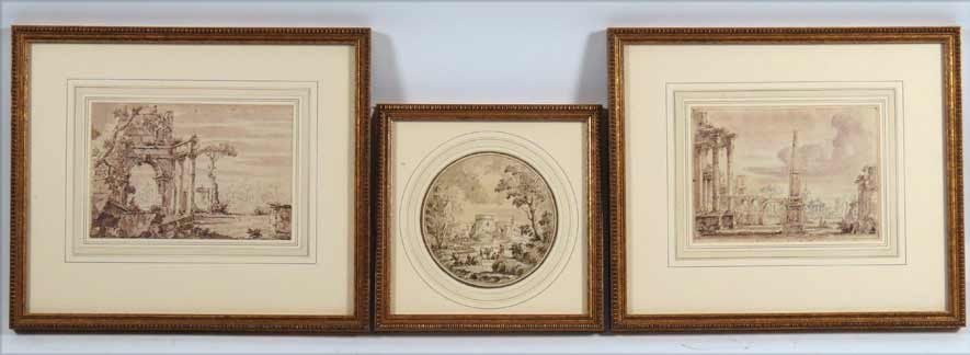 (3) ITALIAN OLD MASTER DRAWINGS 17/18th c., a pair of views of Roman ruins, 5 by 7 in. (sight, one