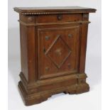ITALIAN BAROQUE CARVED WALNUT SIDE CABINET in old color, one drawer over cupboard door, 35.5”h; 24”