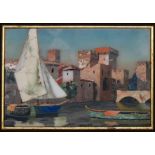 ITALIAN SCENIC PIETRA DURA PLAQUE 19th c., harbor with boats and buildings, each specimen identified