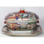 CHINESE EXPORT PORCELAIN-TUREEN AND UNDERTRAY c. 1830, two women and two children in a lakeside