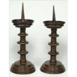 PAIR OF ITALIAN BAROQUE BRONZE PRICKET STICKS old color, 15”h incl. pricket