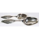 (2) LARGE SPANISH COLONIAL SILVER SERVING SPOONS Bolivia, 18th c., both with floral chased and