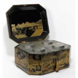 LARGE CHINA TRADE LACQUERED TEA CADDY octagonal-form, black lacquer with ornate overall gilt