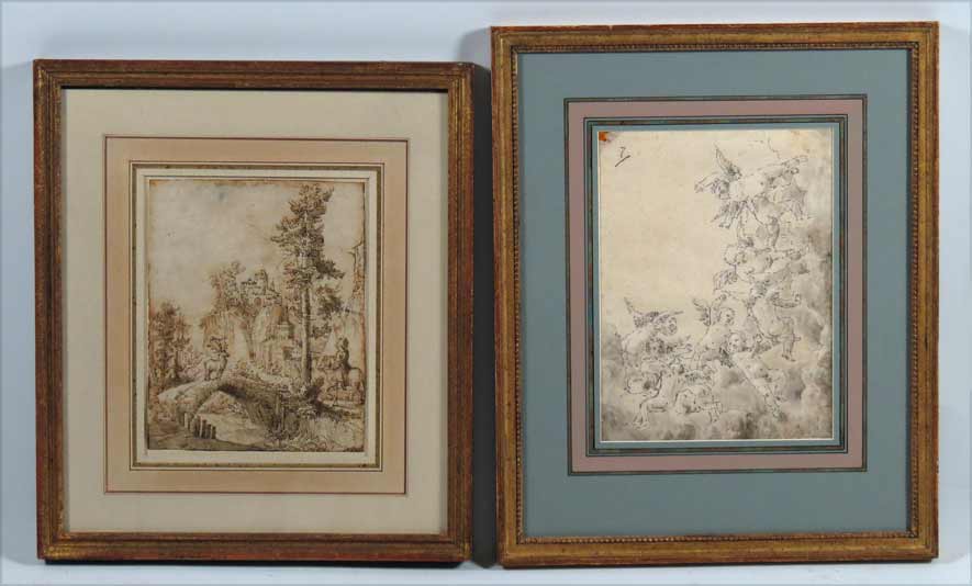 (2) ITALIAN OLD MASTER DRAWINGS 17/18th c., a noble horseman approaching large buck on stone bridge,