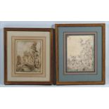 (2) ITALIAN OLD MASTER DRAWINGS 17/18th c., a noble horseman approaching large buck on stone bridge,