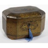 CHINA TRADE LACQUER AND GILT TEA CADDY octagonal-form, over all fine decoration, hinged lid with