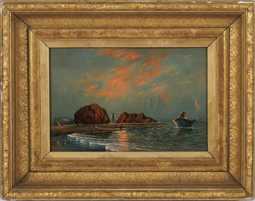 AMERICAN, 19th c. sunset on the shore, boats coming through the fog
unsigned, o/b, 8 by 12 in., gilt