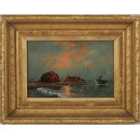 AMERICAN, 19th c. sunset on the shore, boats coming through the fog
unsigned, o/b, 8 by 12 in., gilt