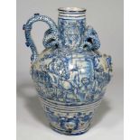 LARGE ITALIAN BLUE AND WHITE CERAMIC OIL JAR prob. 19th c., entwined snake handles, hole in front