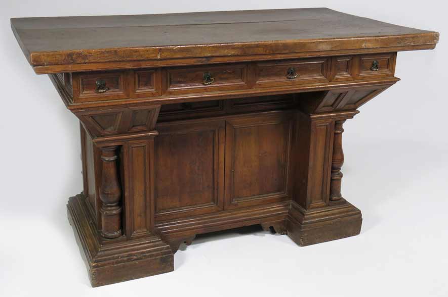 ITALIAN BAROQUE WALNUT LIBRARY TABLE old surface, thick rectangular top, one side with three drawers