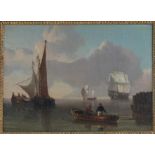 CHARLES MARTIN POWELL (English, 1775-1824) harbor with galleon, sail boats and fishermen in a