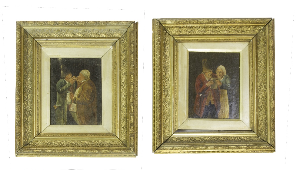PROVINCIAL SCHOOL (XX). Interior scenes with men and women, oils on canvas, gilt framed, 14 x 20