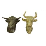 A 19TH CENTURY CARVED WOOD WALL MOUNTED BULL'S HEAD, with finely detailed features and original wall