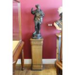 A LARGE 19TH CENTURY TERRACOTTA STYLE FIGURE OF LEONARDO DA VINCI WITH FLOOR STANDING OAK PLINTH,