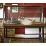 A LARGE 19TH CENTURY MAHOGANY FRAMED MARITIME MUSEUM SLOPING DISPLAY CABINET, the angled