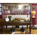 A LARGE 19TH CENTURY MAHOGANY FRAMED RECTANGULAR MUSEUM DISPLAY CABINET, opening to both ends,