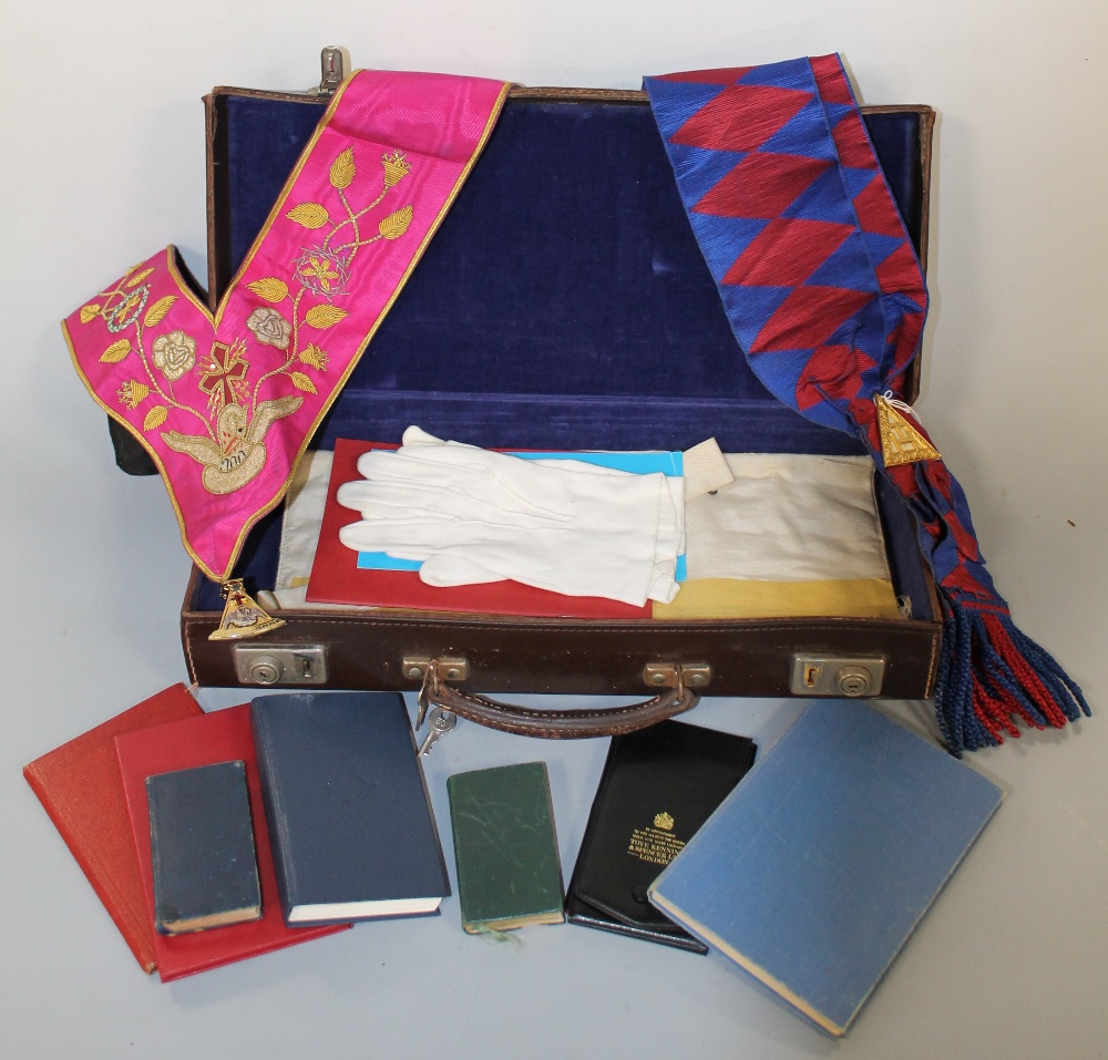 A QUANTITY OF MASONIC REGALIA AND BOOKS ETC., contained in a Masonic leather case, to include a '