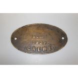 A CAST BRASS OVAL BUILDERS PLATE, cast mark at top, ground off showing only 'Built 1939 Crewe', L