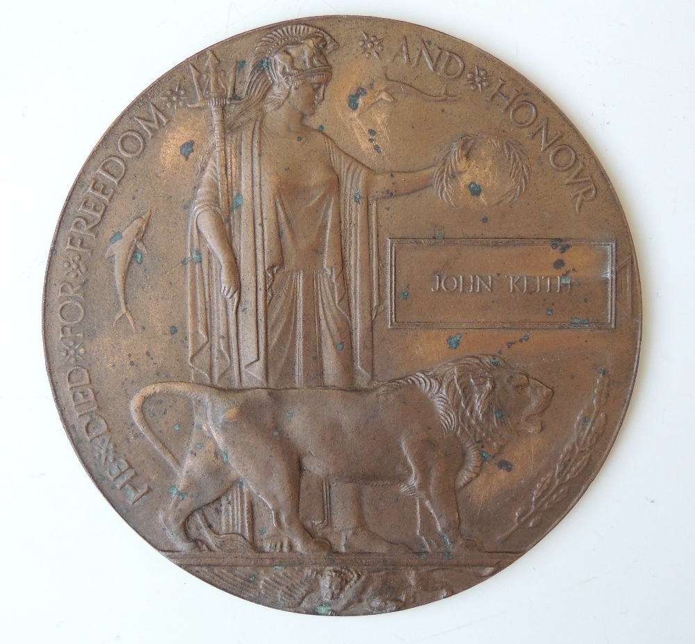 A WWI MEMORIAL PLAQUE, named 'John Keith' Buyers - for shipping pricing on this lot, visit www.