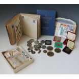 A COLLECTION OF ASSORTED ENGLISH COINAGE, together with a general stamp collection, contained in two