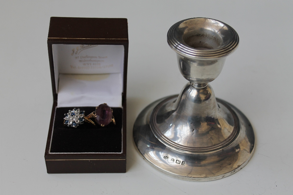 A SMALL HALLMARKED SILVER DWARF CANDLESTICK, bearing Birmingham hallmarks, H 8 cm, together with a